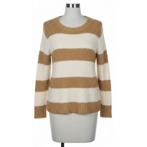 Talbots Size Small Sweater Fuzzy Tan/Ivory Striped Long Sleeve Cotton wool blend
